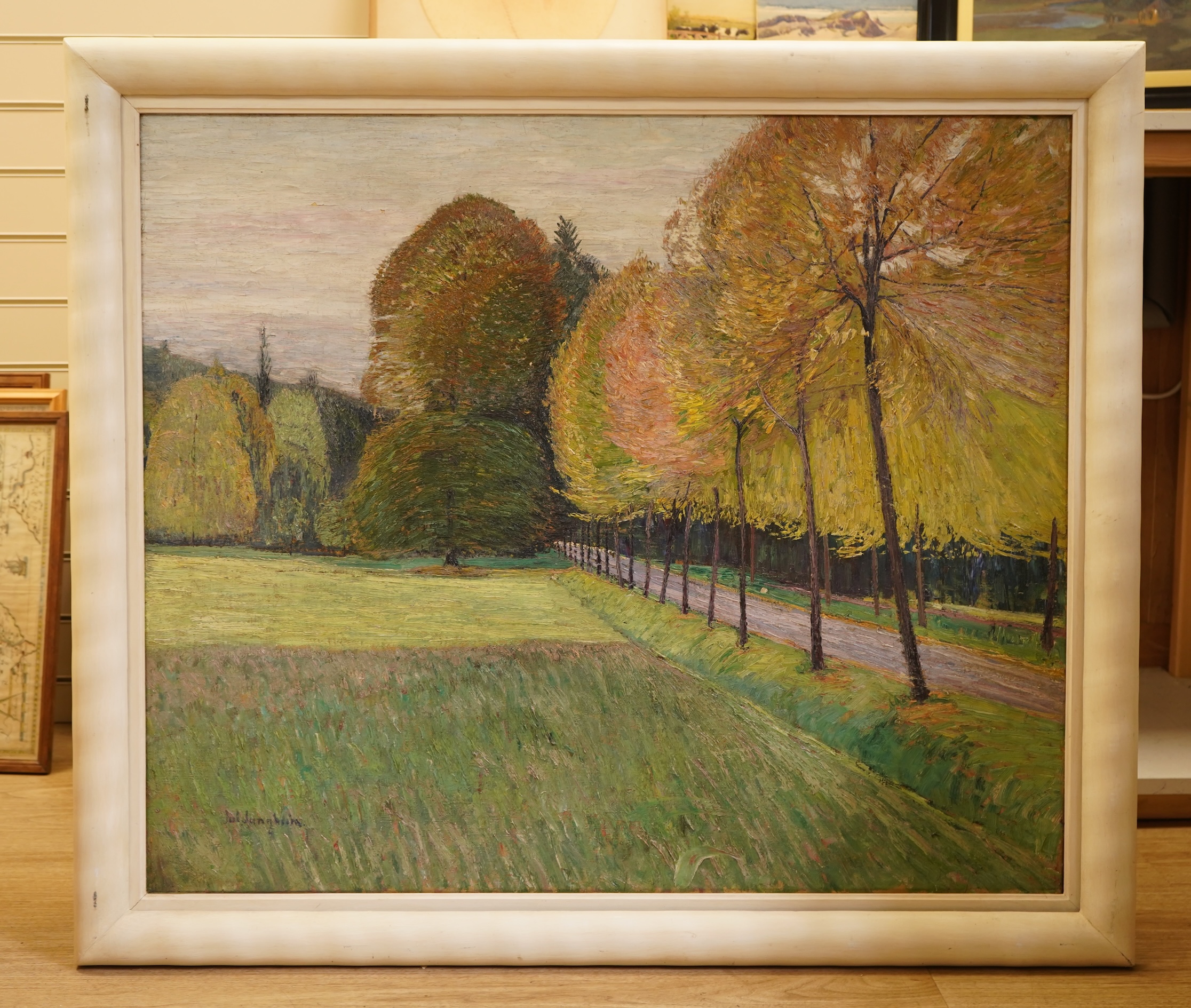 Modern British, Tree lined pathway, indistinctly signed lower left, impasto oil on canvas, 83 x 98cm